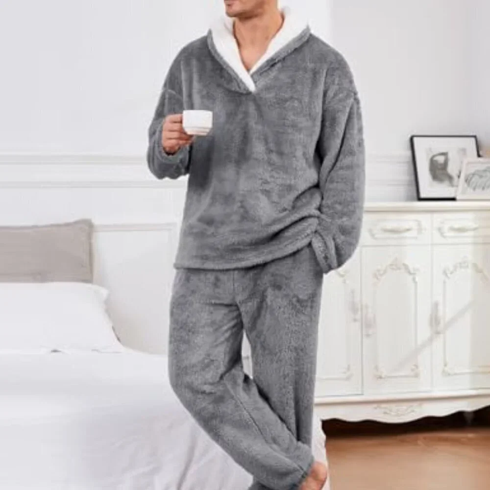 Men's Fluffy Fleece Pajama Set Soft Plush Winter Loungewear Sleepwear Classic